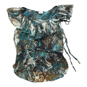 Peace by Lotta Stensson Silk Ruffle Peplum Blouse Teal Brown Abstract Print S